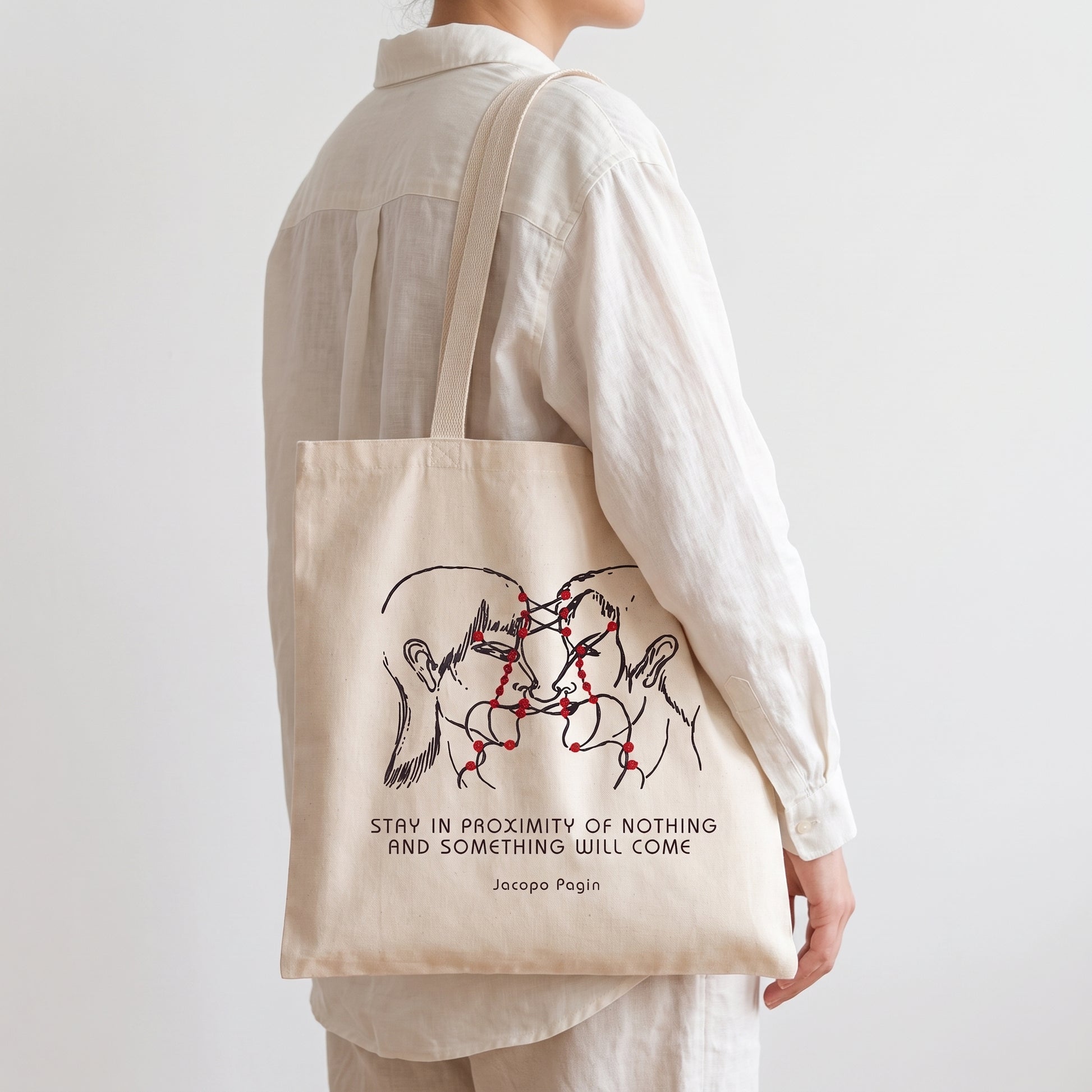 Jacopo Pagin — Lasting Words Tote, carried on shoulder
